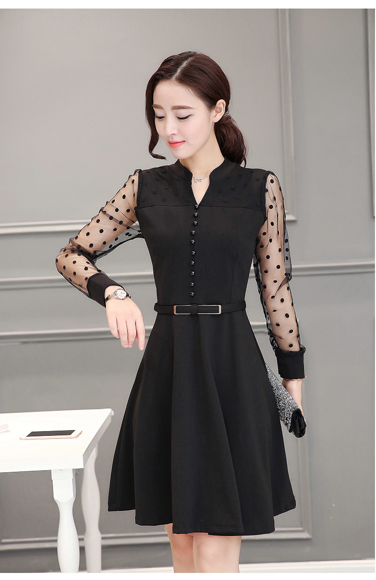 (一件代发)新款长袖蕾丝拼接a字裙韩版打底裙气质显瘦连衣裙