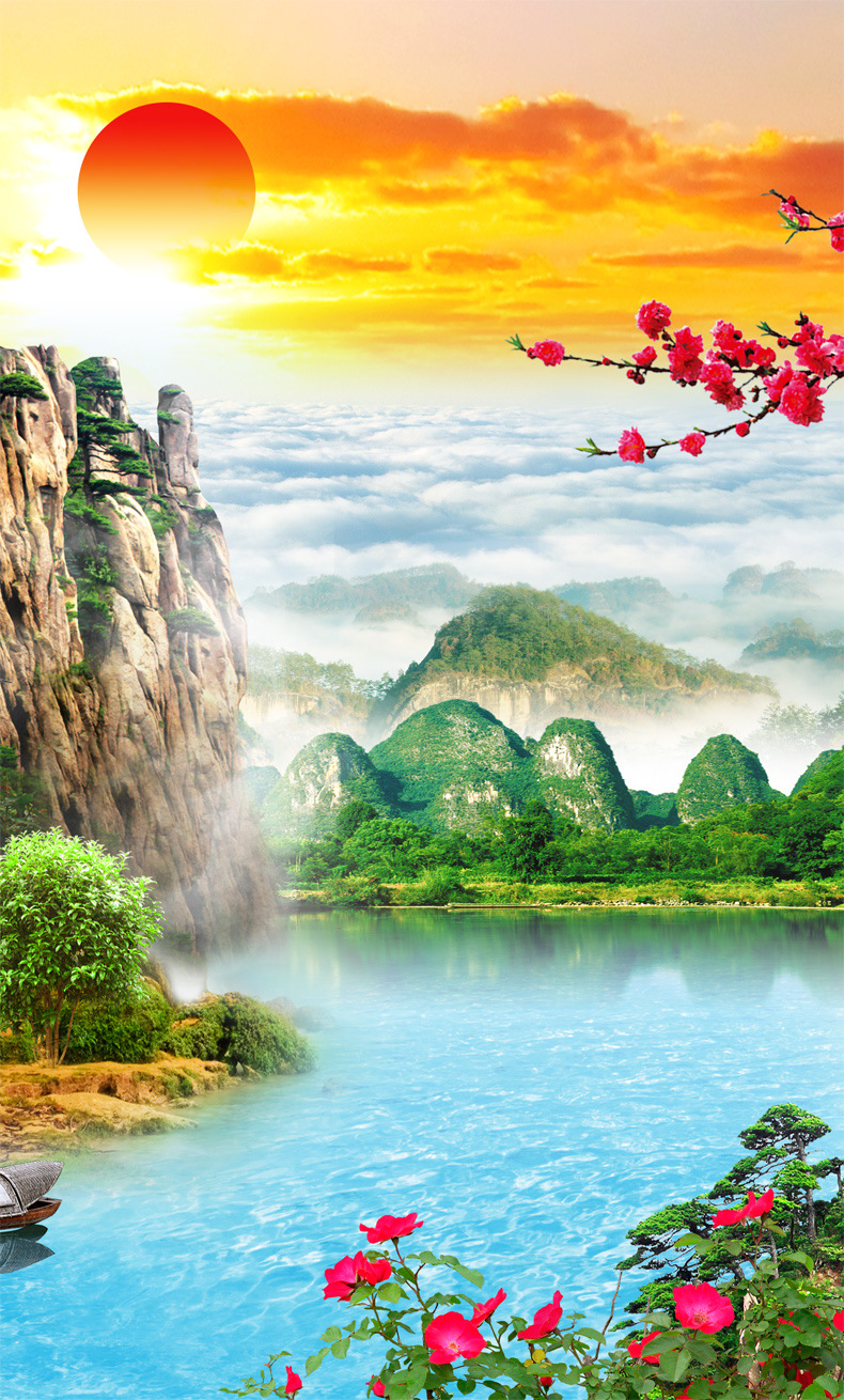 钻石画流水生财聚宝盆客厅风景大画点钻十字