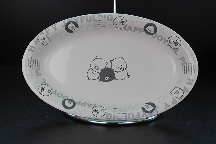 批发13寸椭圆形盘子鱼盘 卡通动物黑白猪陶瓷展示盘 酒店餐厅餐具