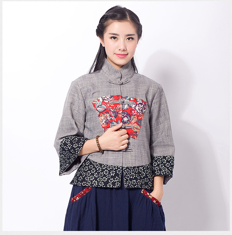 春秋季民族风棉麻女装修身单排扣唐装服装九分袖宽松短款上衣外套