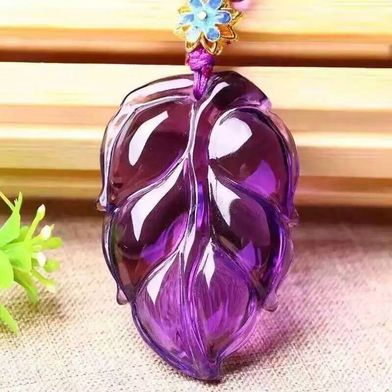 东海水晶批发天然梦幻紫水晶树叶吊坠项链