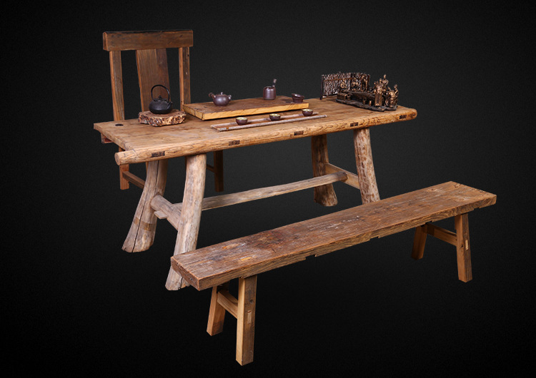 老榆木泡茶台旧门板桌长条椅主人靠椅茶馆会所朴实复古风创意家具