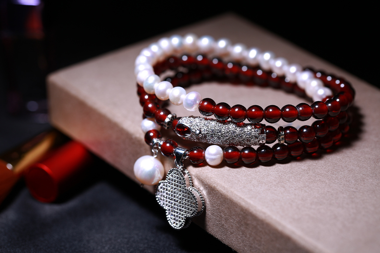 原创 天然石榴石多圈手链 白珍珠配925