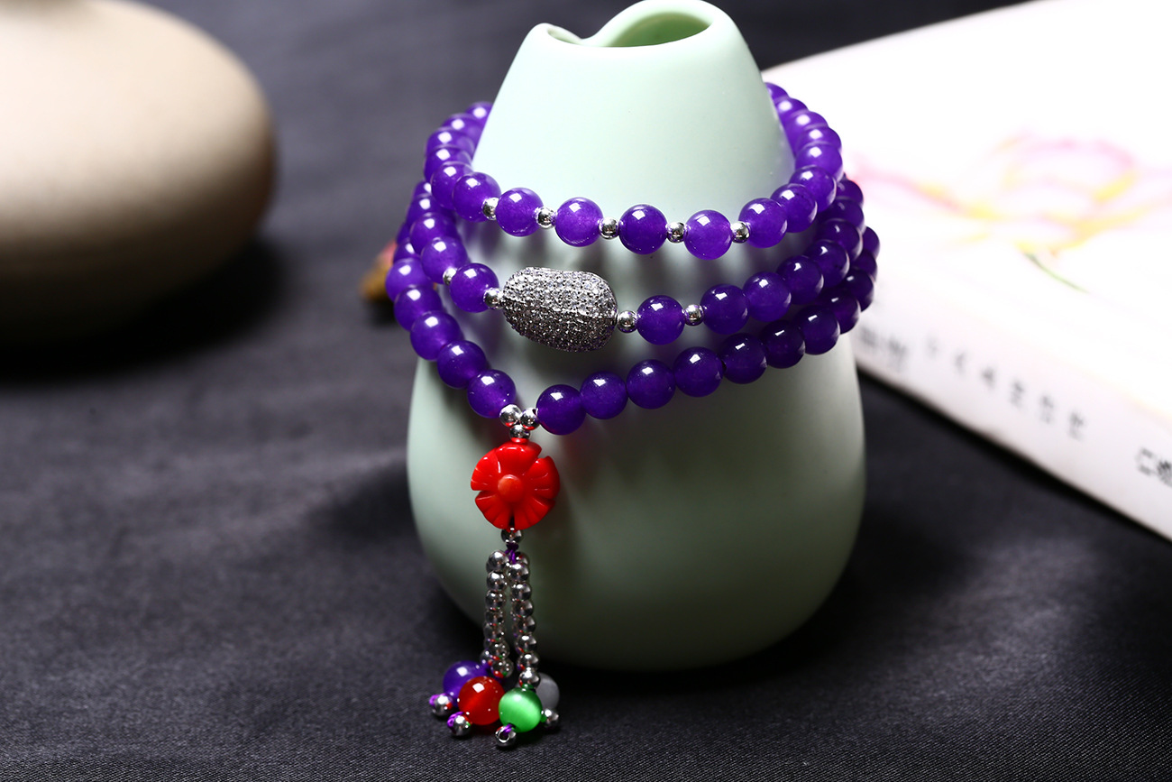 原创 天然水晶紫玉髓手链 珊瑚梅花配925银饰品 时尚手链紫气东来