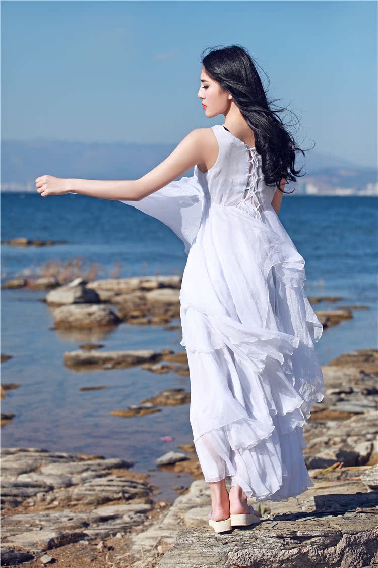 武媚衣君2016新款夏季雪纺飘逸唯美仙女裙纯色无袖不规则裙摆裙子