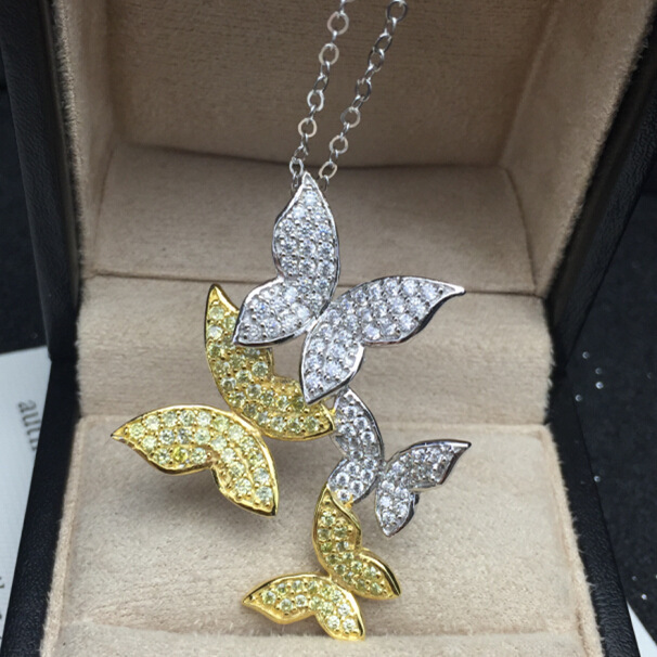 韩版双色立体蝴蝶项链唯美高贵气质s925银微镶满钻锁骨链外贸直播