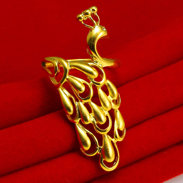 千影珠宝 黄金戒指镀金凤凰孔雀羽毛形指环戒子女食指戒首饰品