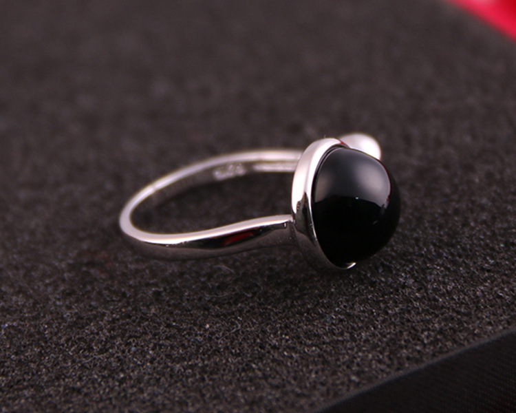 925银戒指女款日韩版圆球黑色圆形女士开口指环银饰品时尚百搭