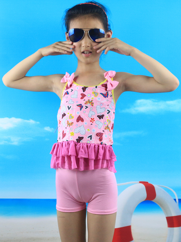 韩版儿童泳衣 蝴蝶结花边分体中大童游泳衣