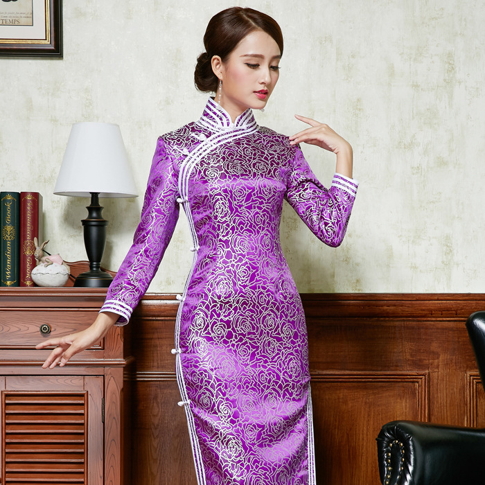 织锦缎高档长款长袖传统旗袍上衣日常旗袍裙枫玫丝时尚厂家批发