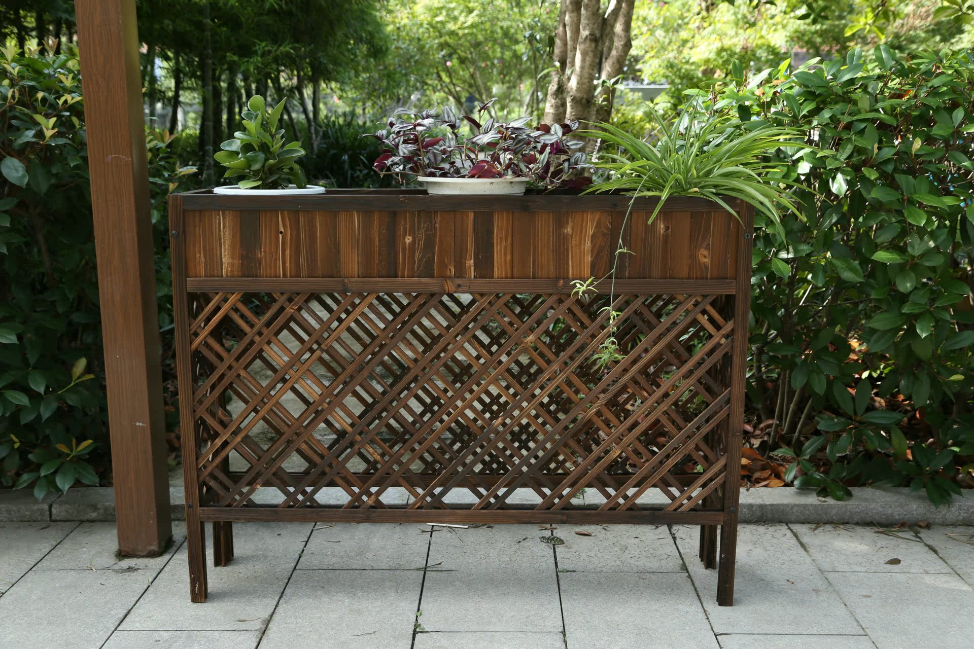 户外实木阳台花架种植槽防腐木花槽隔断网格花架白色木质围栏屏风