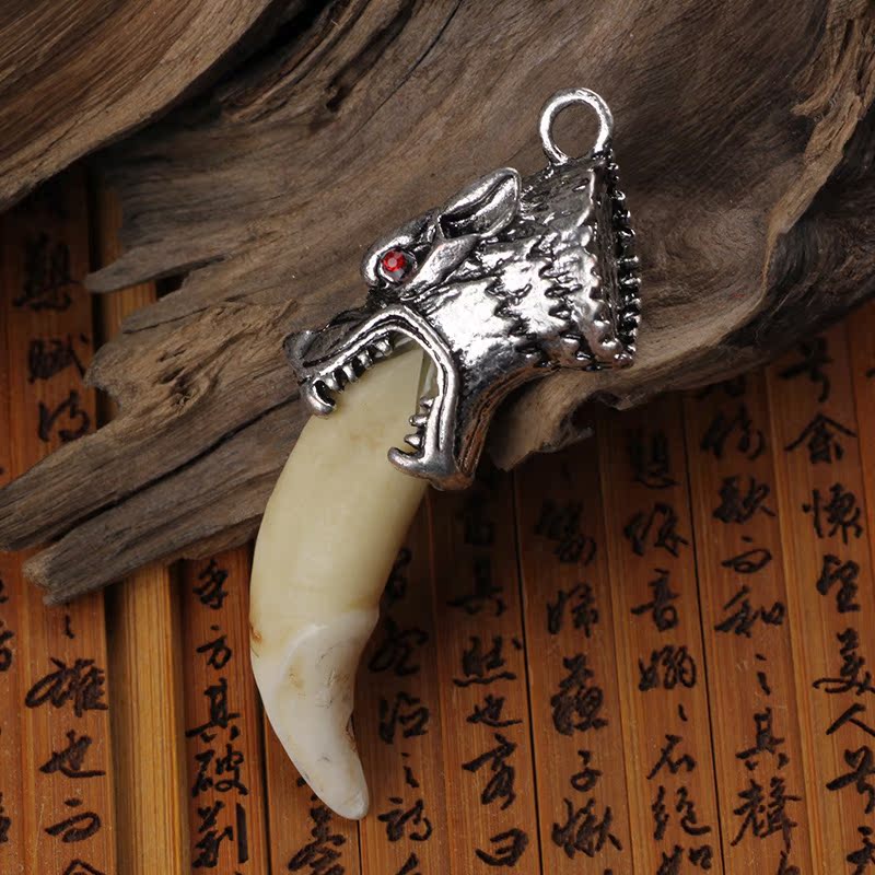 天然大号狼牙男士项链吊坠骨质真狼牙饰品情侣饰品对牙款