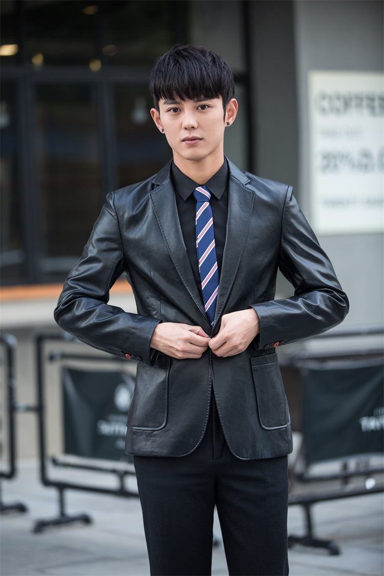 一件代发韩版修身pu皮西装男秋冬水洗皮小西装皮西服保暖时尚皮衣