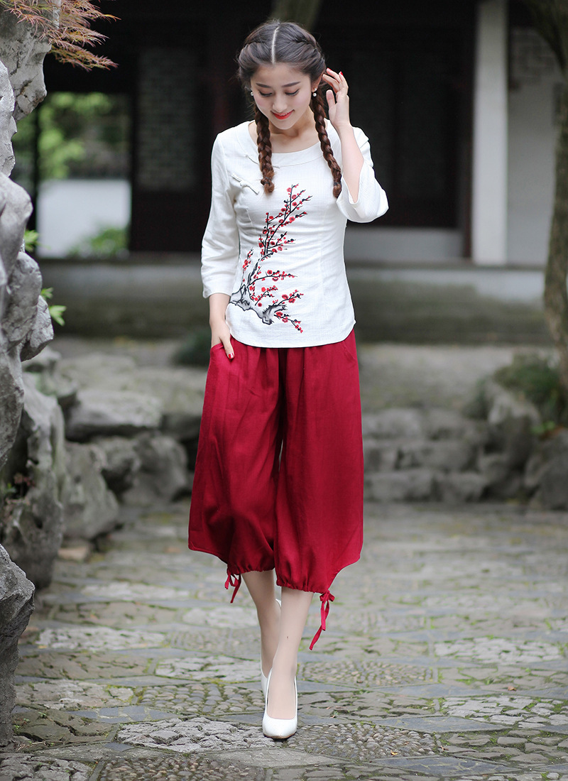 新款唐装女士裤子f001民族风女装七分裤阔腿裤夏季时尚棉麻裤子