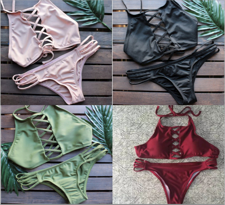 2016 速卖通新款欧美纯色多绳比基尼女