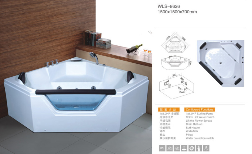 东尼斯8626直销亚克力浴缸扇形按摩浴池双人冲浪浴缸五角缸