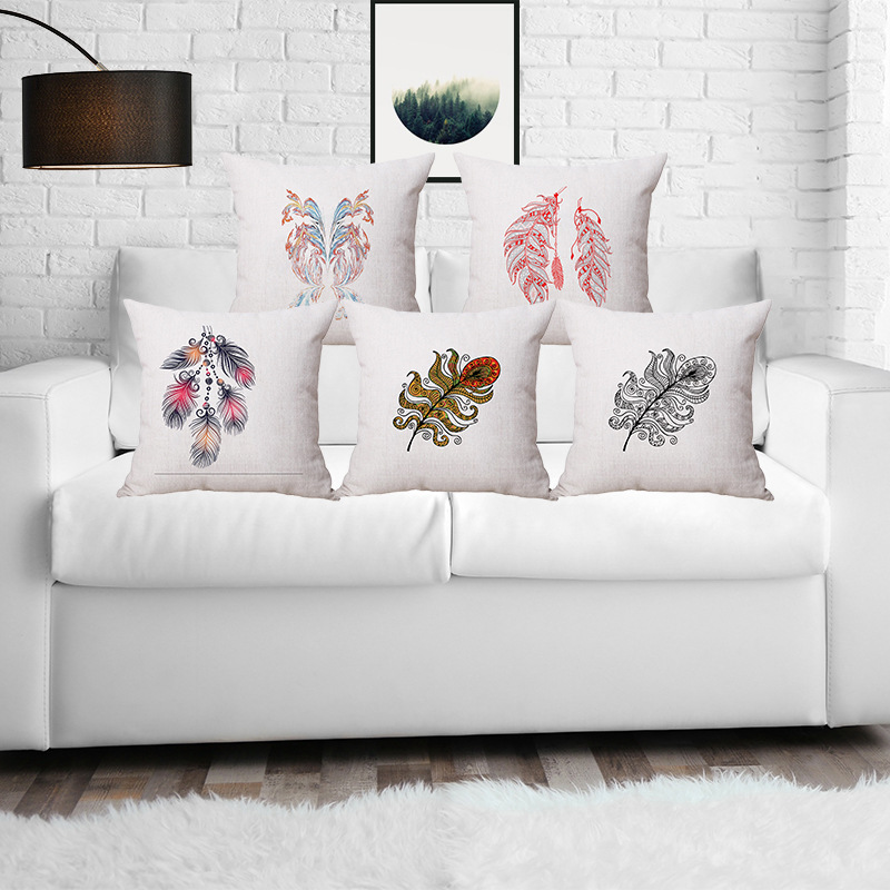 北欧简约羽毛印花办公室棉麻汽车靠垫 抱枕厂家直销批发