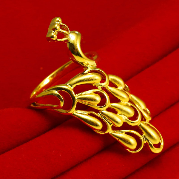 千影珠宝 黄金戒指镀金凤凰孔雀羽毛形指环戒子女食指戒首饰品