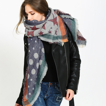 欧美风新款双面加厚仿羊绒五角星星保暖长围巾披肩女潮冬季韩国