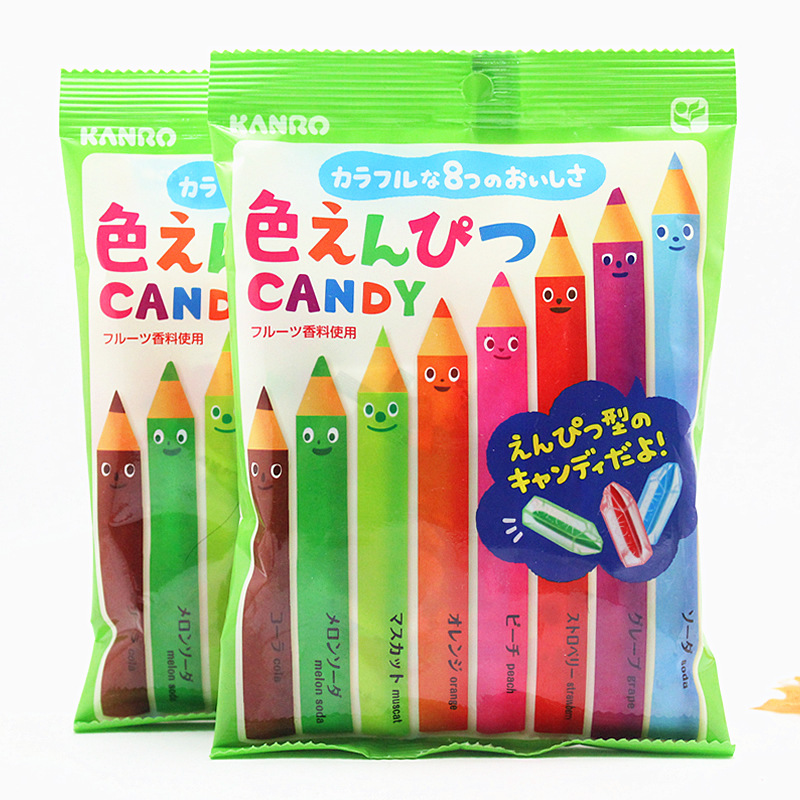 日本进口甘露kanro甘乐彩色铅笔造型糖果什锦水果糖80g 行货