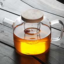人形茶壶 竹木盖短嘴茶壶耐热玻璃三件式过滤花茶壶泡茶壶