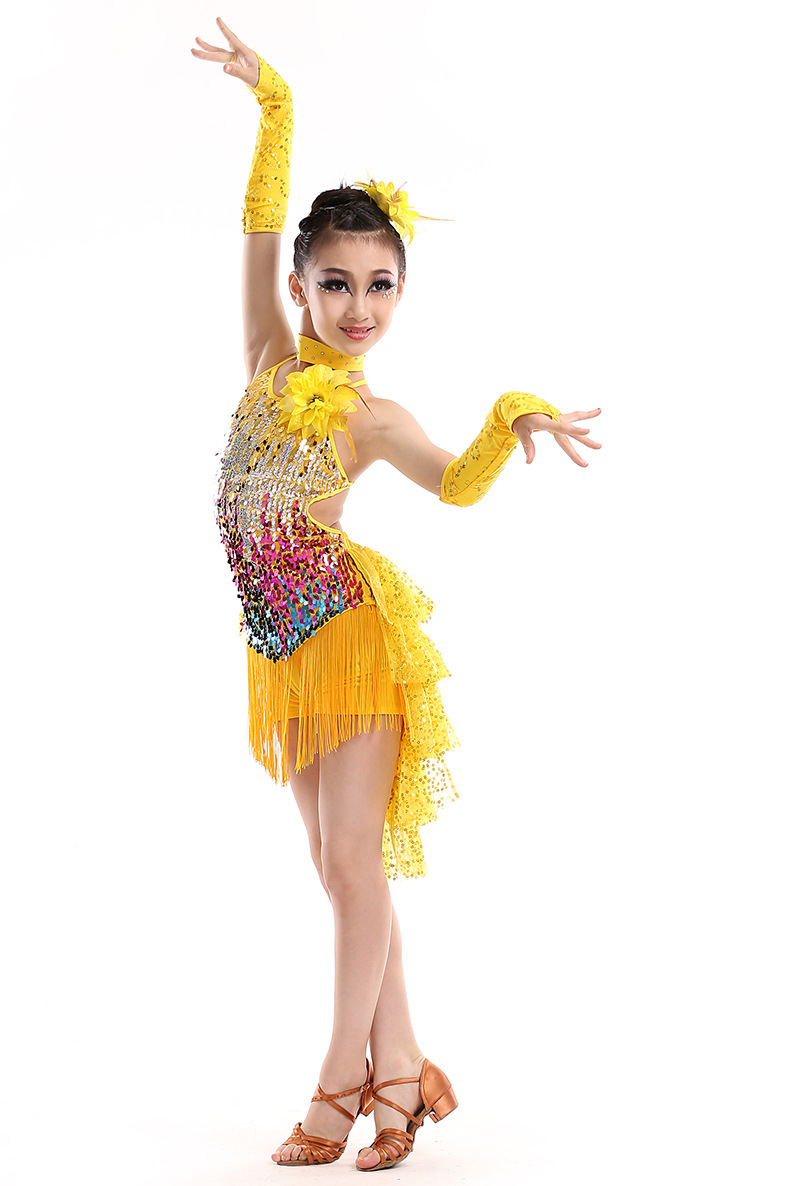 新款儿童拉丁舞演出服女童亮片流苏少儿考级比赛舞蹈表演服装