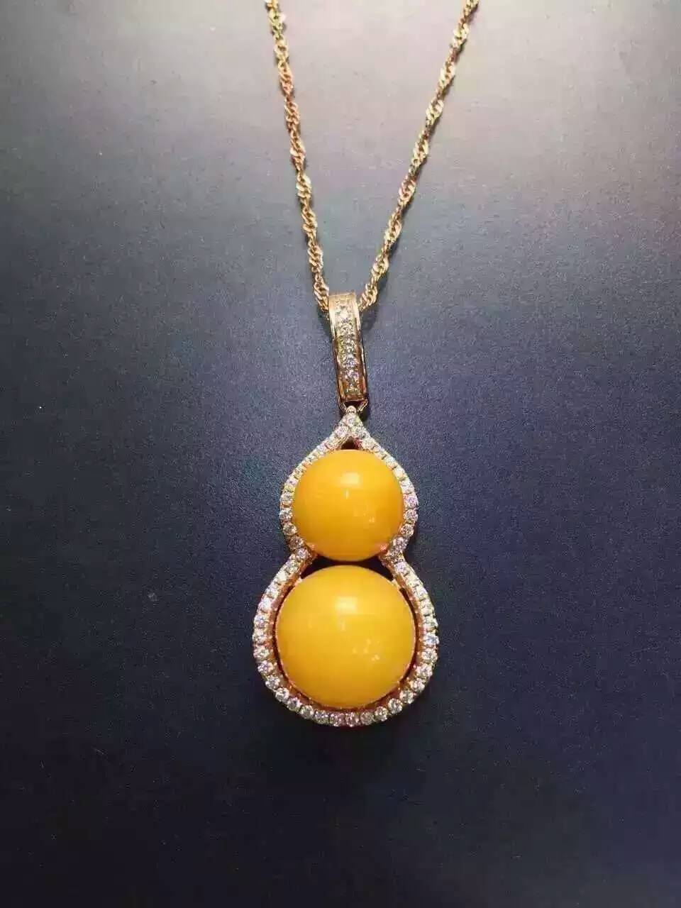 s925银精工镶嵌天然蜜蜡葫芦吊坠