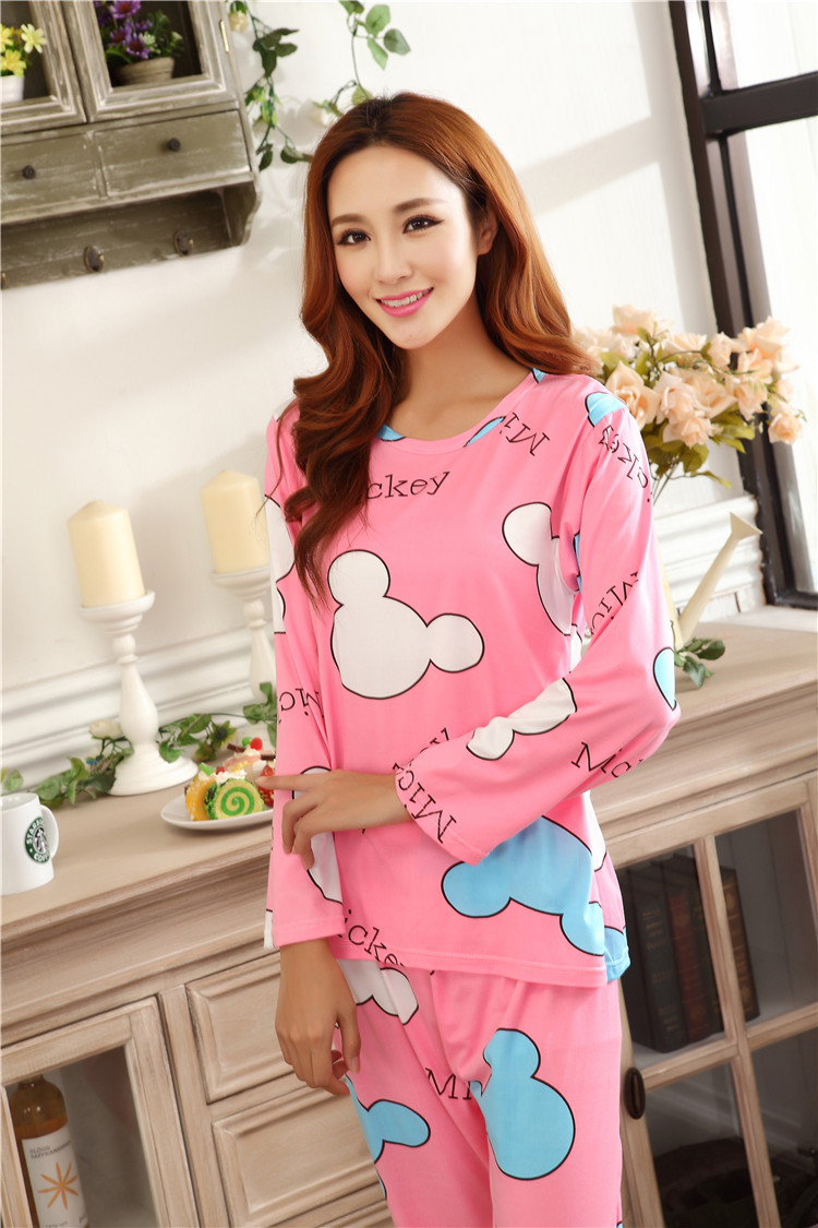 女士睡衣长袖可爱卡通米奇家居服牛奶丝韩版女套装批发