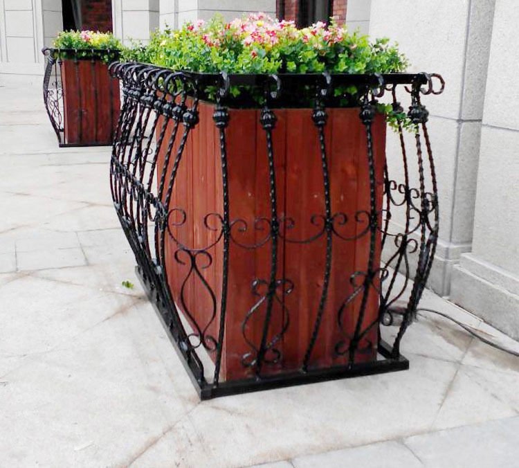铁艺实木花箱欧式美式街道景区道路花箱花栏实木花盆户外碳化