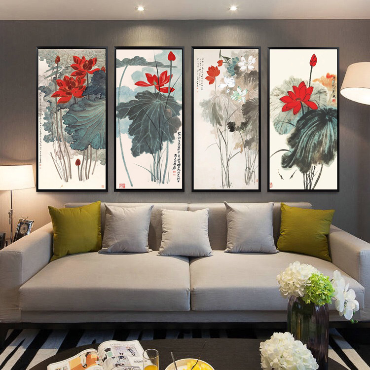 张大千水墨荷花客厅餐厅卧室 玄关走廊过道有框装画古典壁画