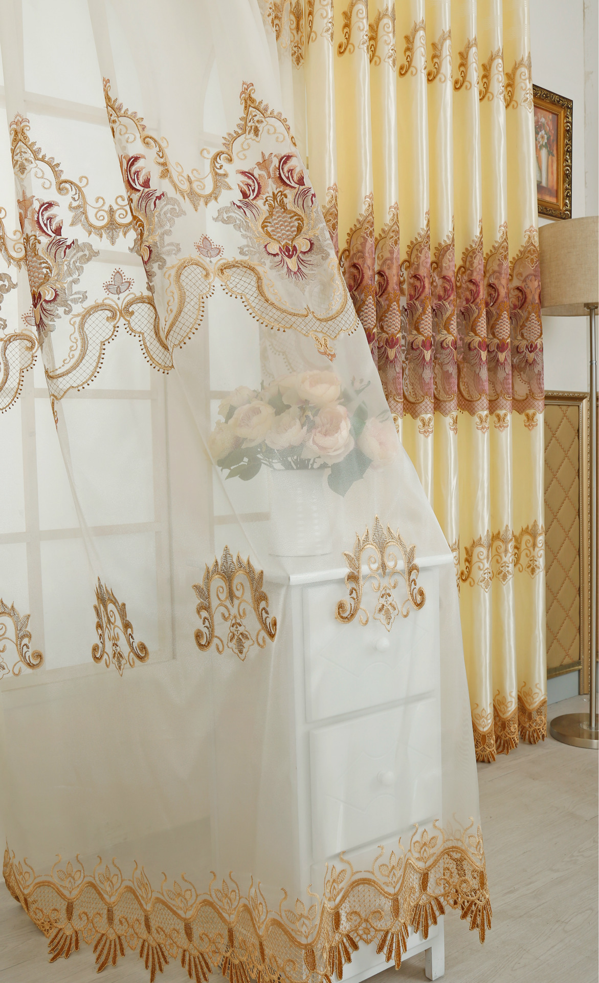 绍兴窗帘窗纱批发 欧式窗帘布 窗帘成品定做 水溶绣花窗帘布艺