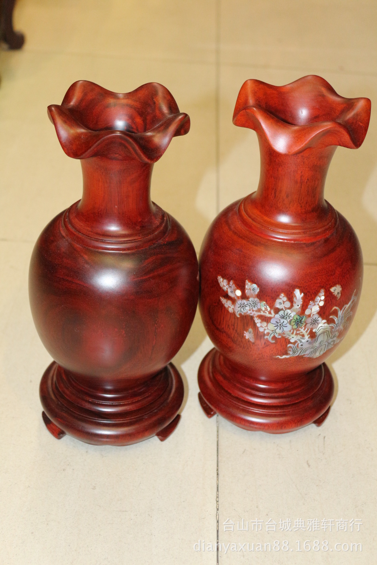 花瓶 红木实木花瓶 家用桌面收藏摆件镶贝龙凤花瓶(对)