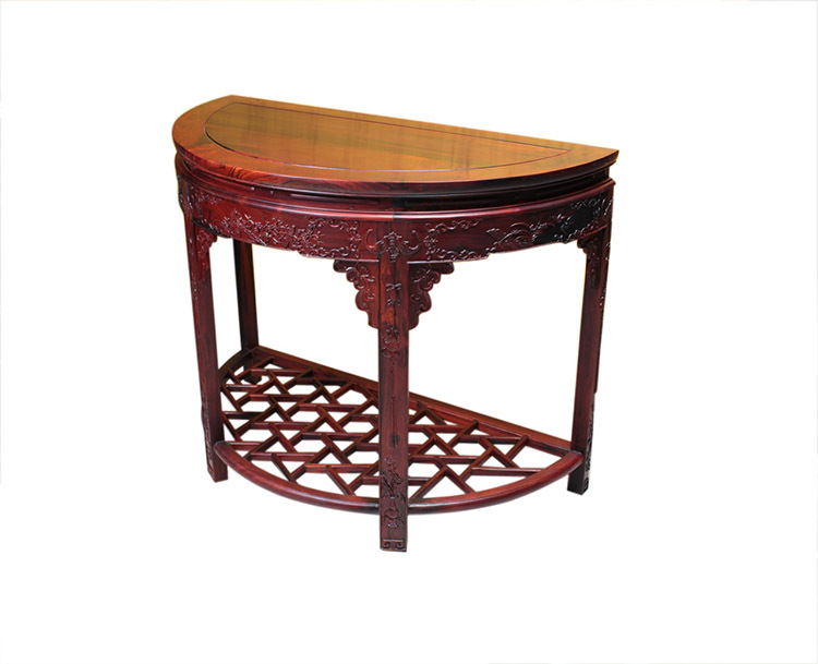 老挝大红酸枝半月台雕花供桌案台半圆桌玄关台交趾黄檀红木家具