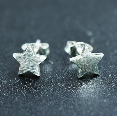 新品铜镀银耳钉女款 优雅拉丝五角星星磨砂耳环 清新简约韩版饰品