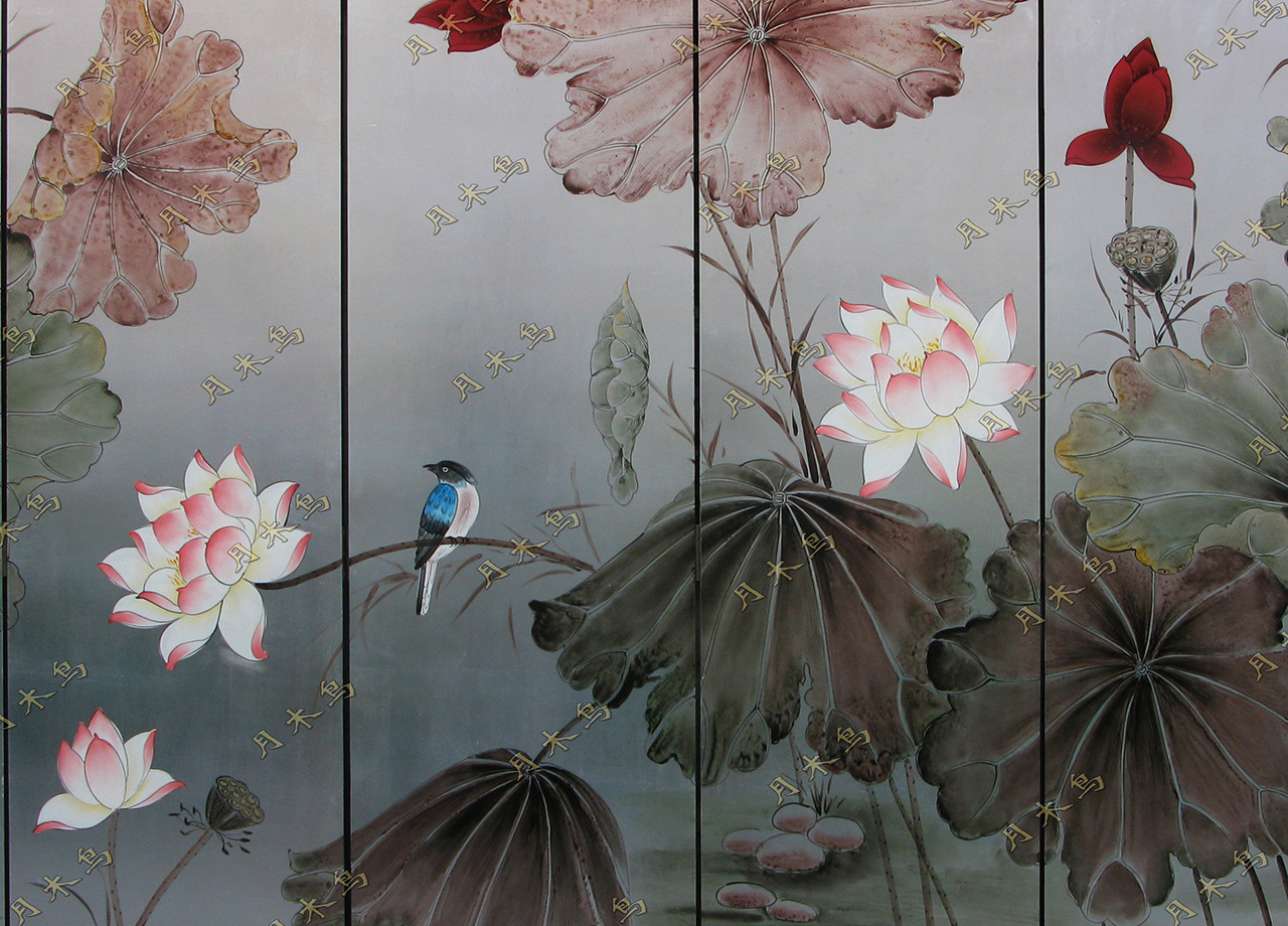 月木鸟中式手绘荷花金银箔工笔写意酒店酒吧客厅隔断折叠屏风