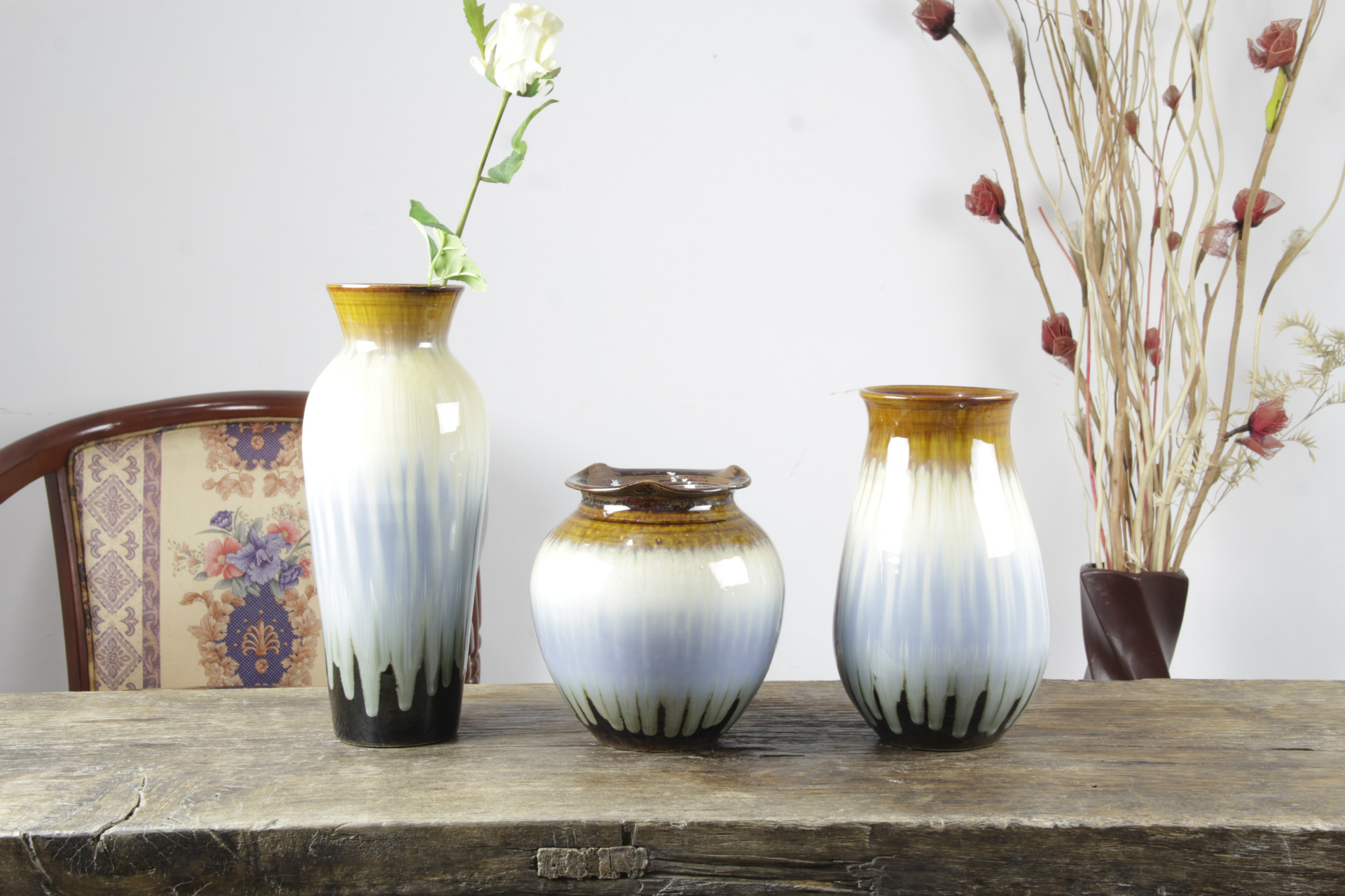 景德镇手工花瓶颜色釉流釉摆件 居家简约批发 三件一套厂家货源