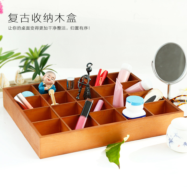 Fashion Household Goods in Stock 20 Grid Cosmetics Storage Box Wooden Distressed Style Remote Control Storage Box