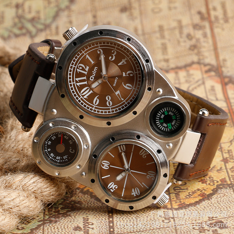 oulm 欧蕾批发指南针石英手表两地时区 男士皮带个性创意商务手表