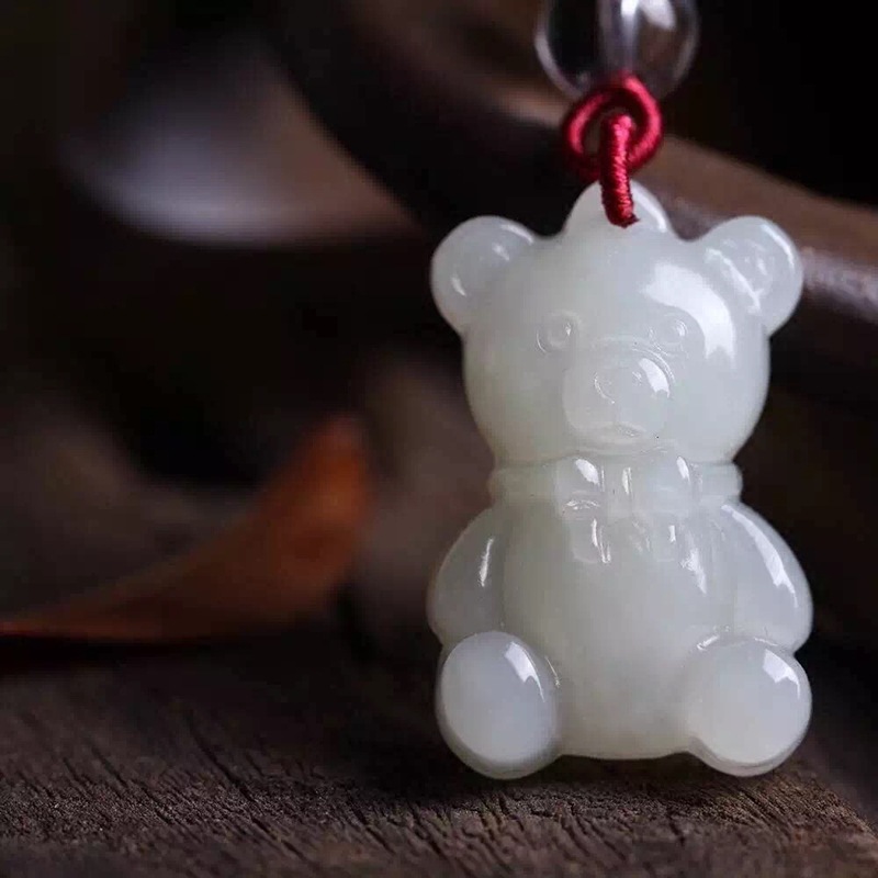 和田玉白玉可爱熊吊坠挂件玉坠白玉男女款玉挂件送证书