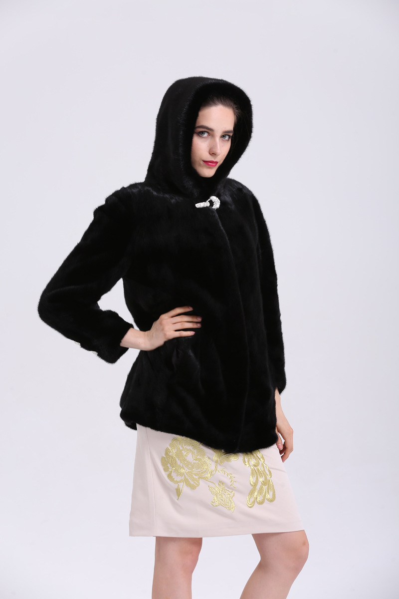 2016欧式奢华整貂带帽皮草外套 女士中长款七分袖倒毛貂皮.