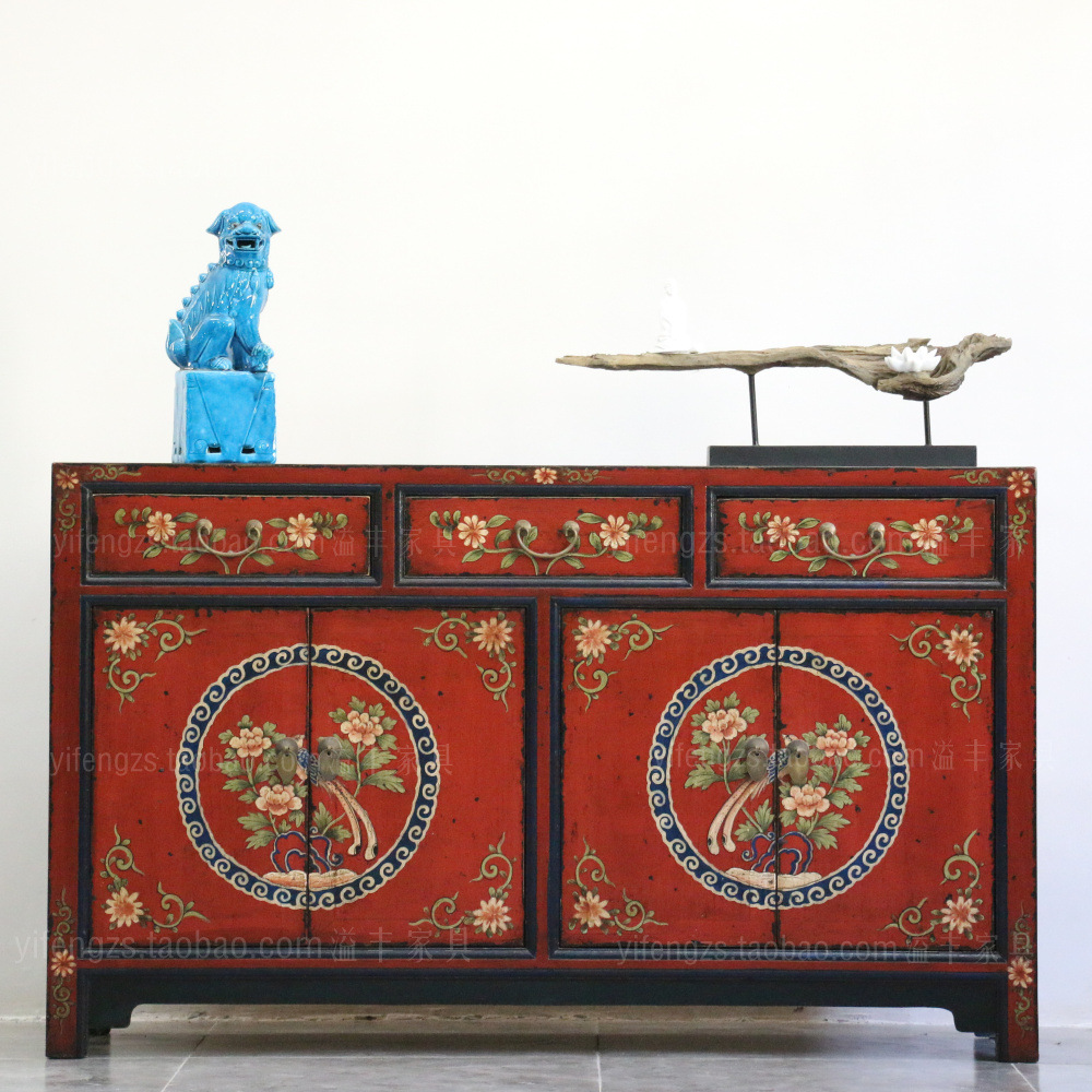新中式仿古典家具鞋柜实木做旧彩绘玄关柜明清储物红色手绘餐边柜