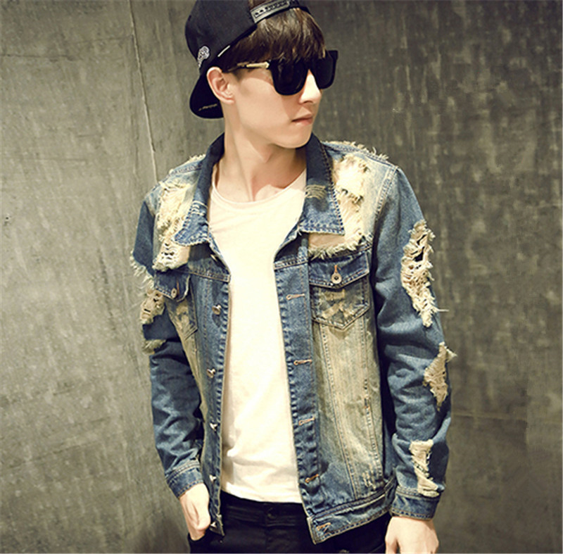 新款秋装破洞牛仔外套男韩版长袖上衣发型师修身破领个性乞丐装潮