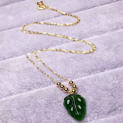 18k金镶天然和田玉老料碧玉树叶项链锁骨链