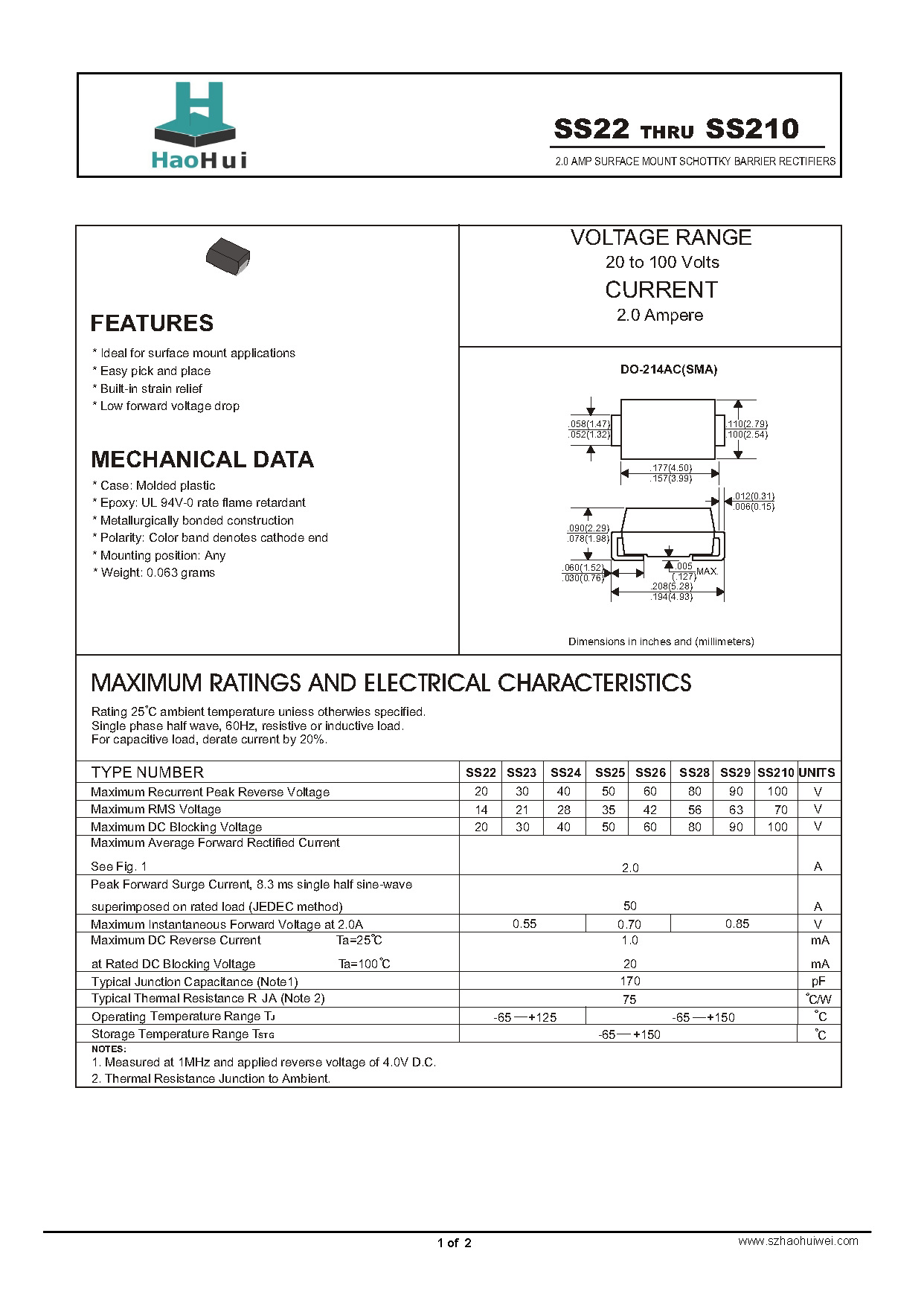 供应肖特基二极管ss210 sma/do-214ac封装现货热销