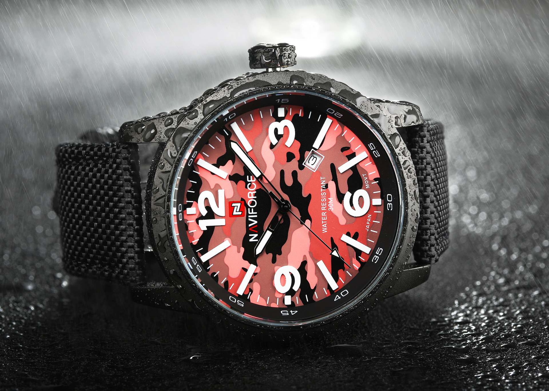 新款领翔 naviforce 9080户外运动迷彩军表 男士迷彩帆布带手表