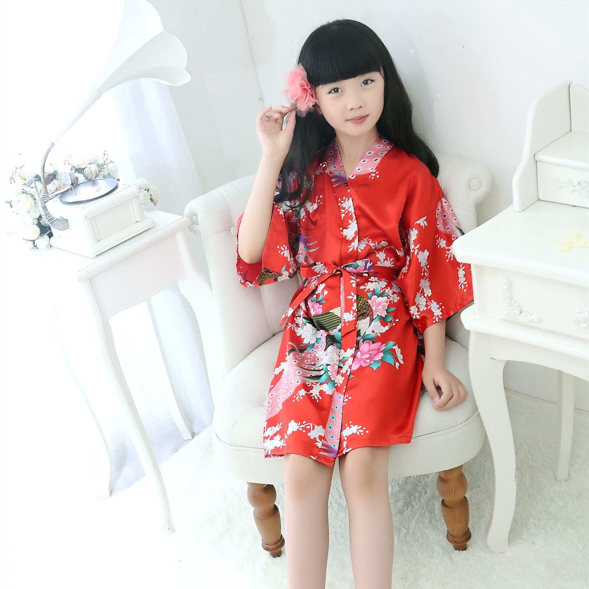 Children's Peacock Kimono Silk Nightgown Pajamas