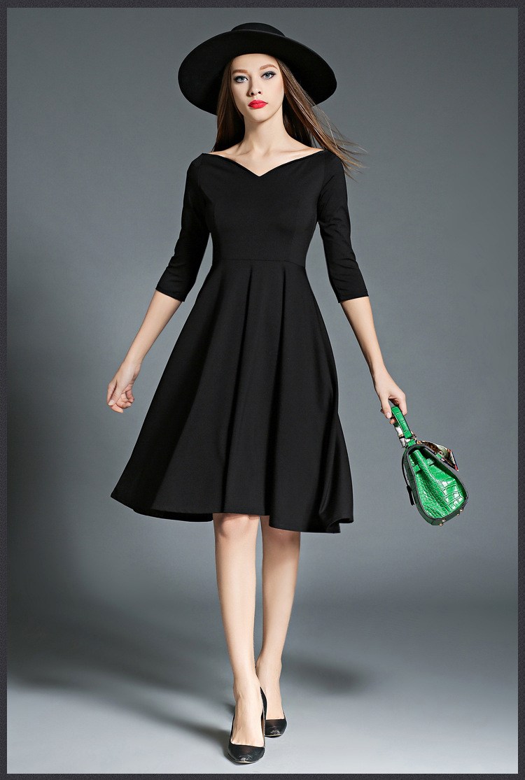 欧洲站秋冬新款女装赫本风优雅大摆小黑裙一字领黑色礼服裙连衣裙