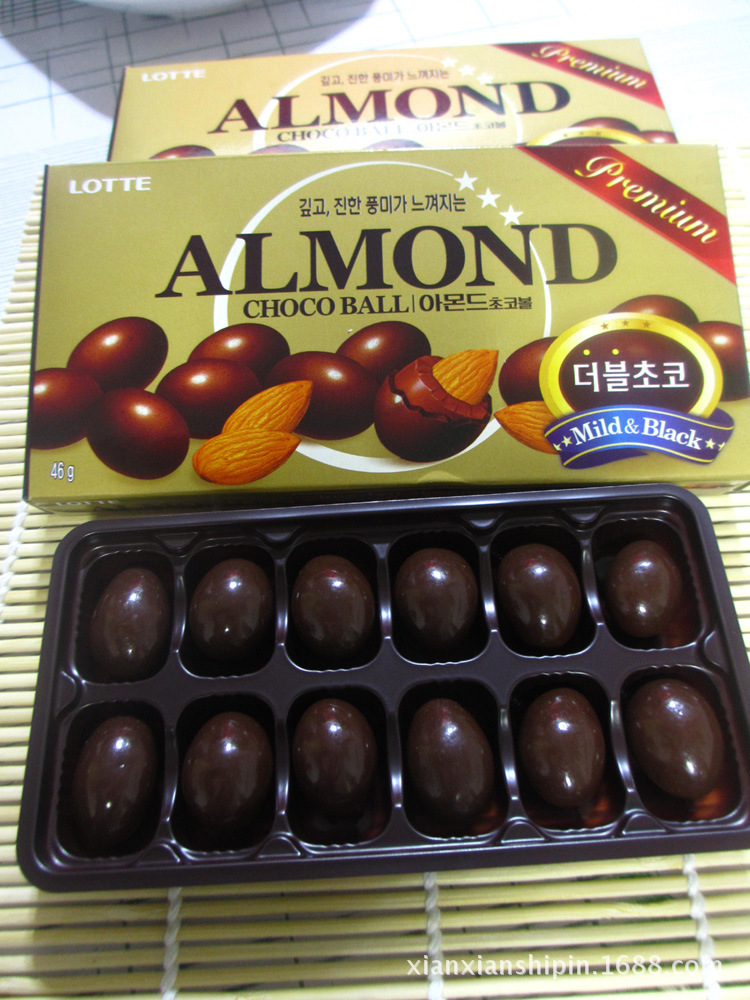 批发韩国正品进口零食品 乐天杏仁夹心巧克力豆 一箱40盒