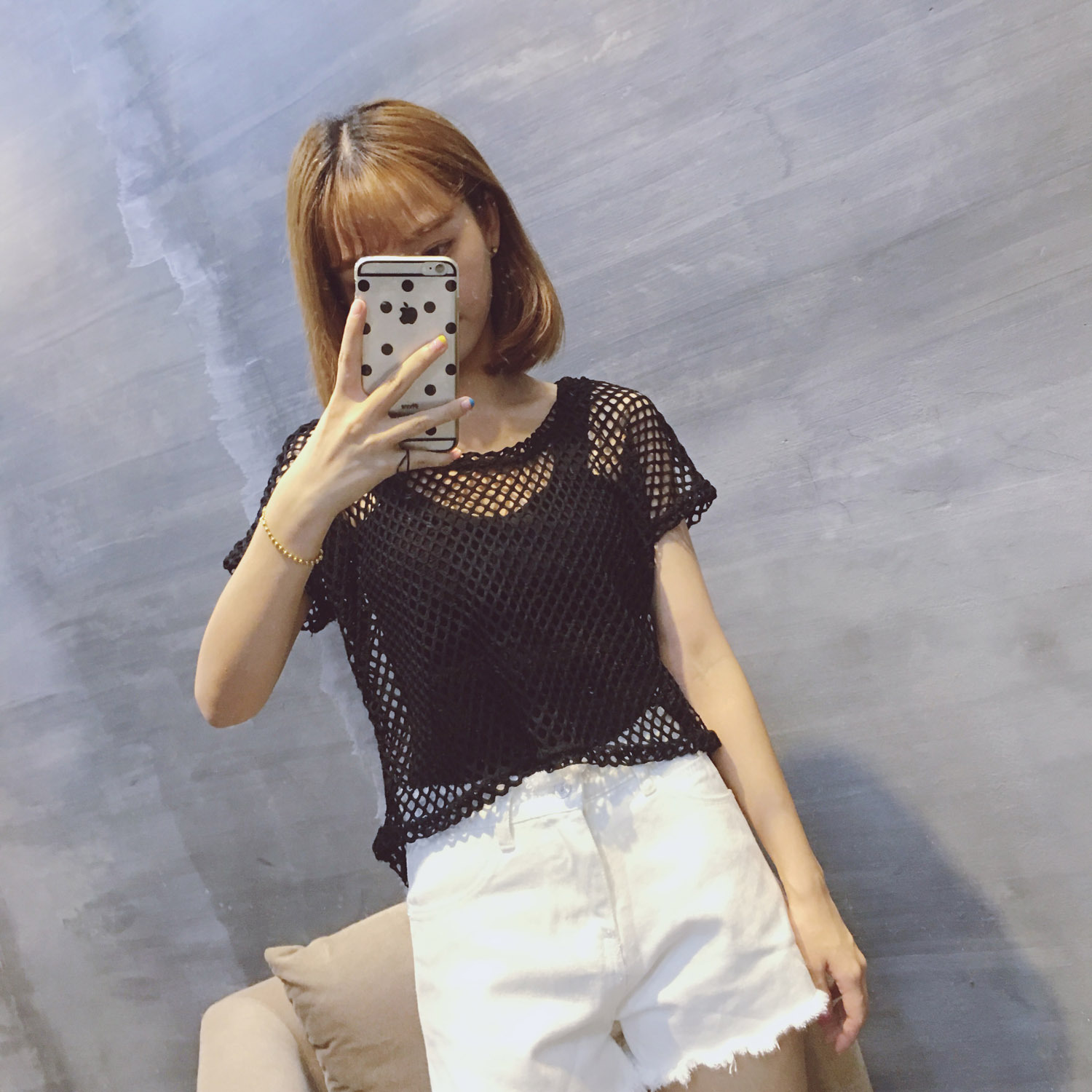 s554夏网眼衫短袖t恤套头钩花宽松蕾丝短款镂空罩衫女(坎肩罩衫