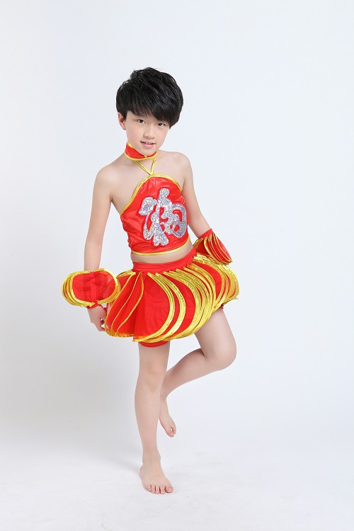 儿童名族表演服 灯笼裤福字古装肚兜演出服 中国龙贡缎表演服.